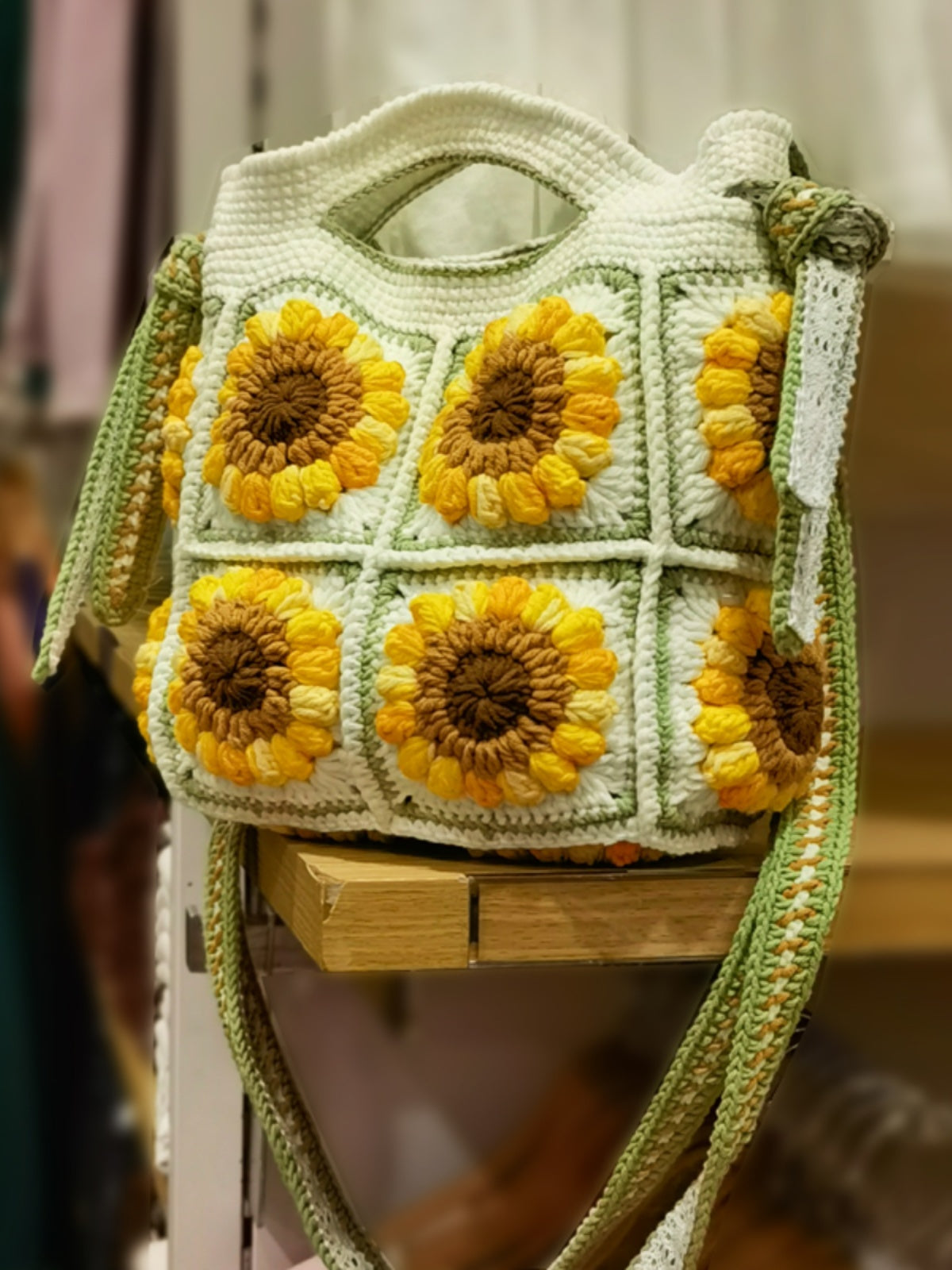 Sac à bandoulière en laine crocheté à la main à double usage, joli sac à main tissé à la main en tournesol pour femme