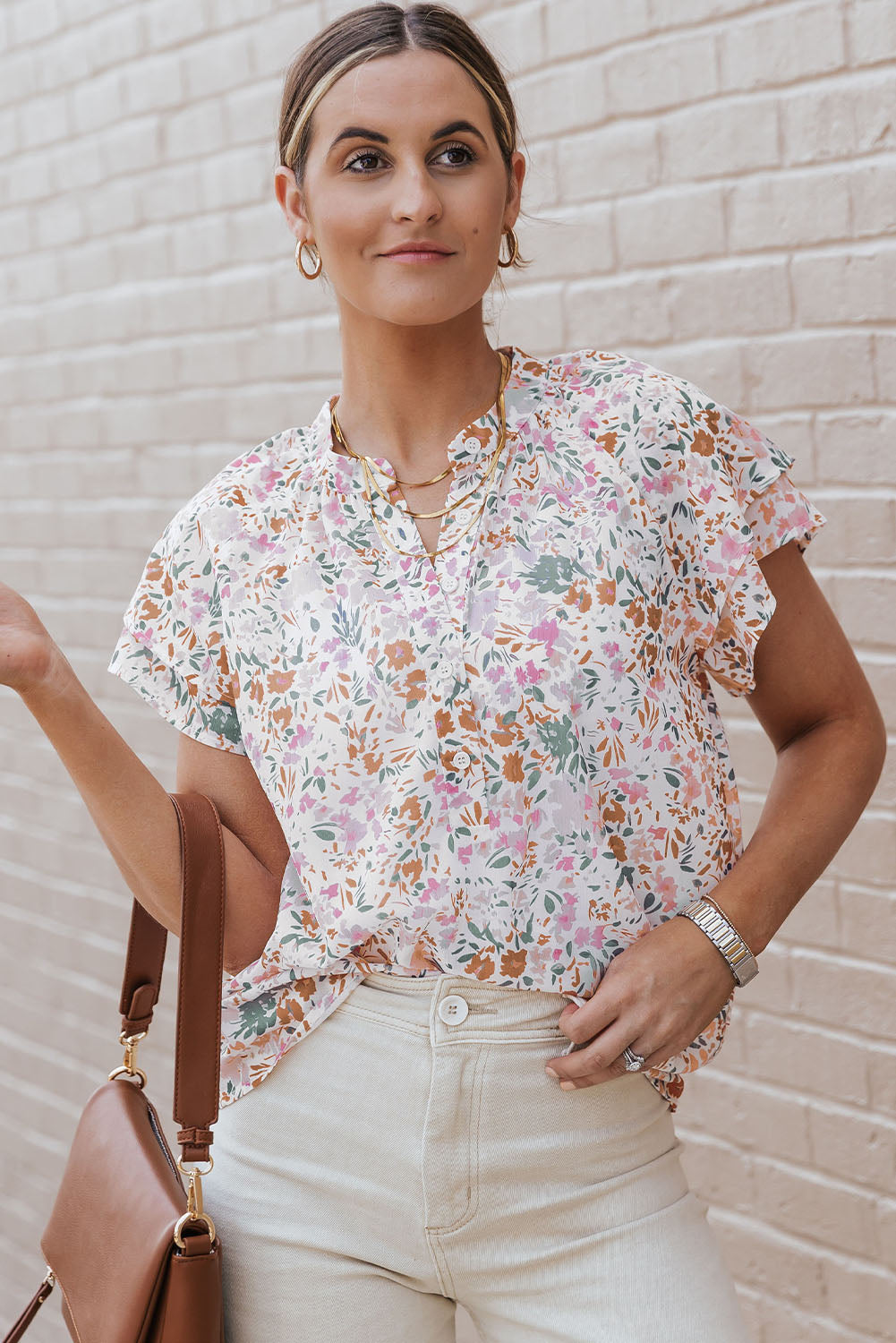 Top con cuello mandarín floral multicolor