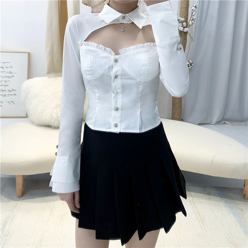 Women's Fashion Top White Ruffled Hollowed-out Shirt