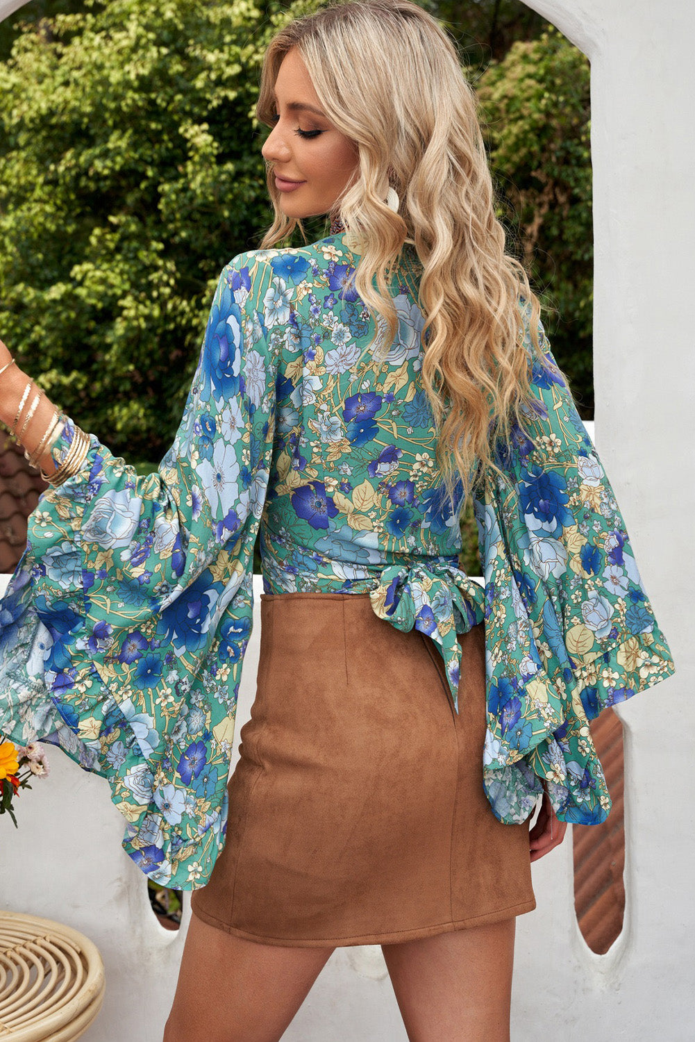 Floral Bell Sleeve Surplice Cropped Blouse