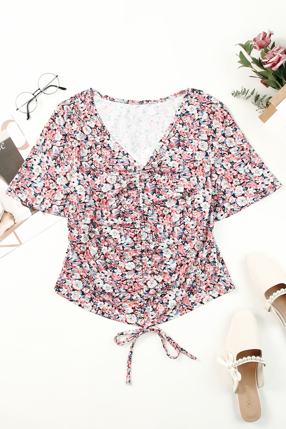 Floral Flutter Sleeve Drawstring Cropped Blouse