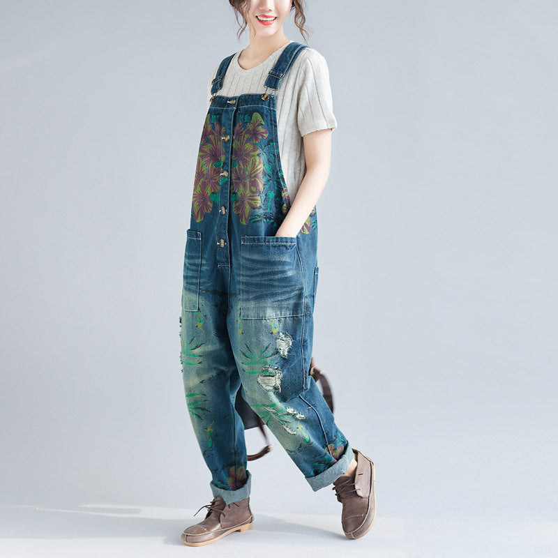 Women's Loose Plus Size Denim Light Color Hole Overalls