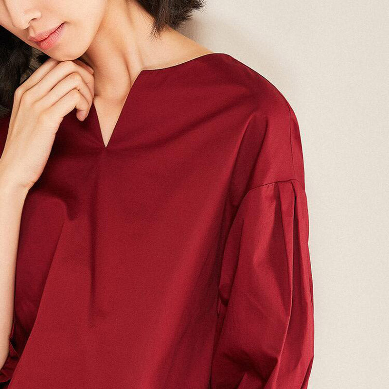 Three-quarter sleeves v-neck shirt cotton loose flared sleeve top