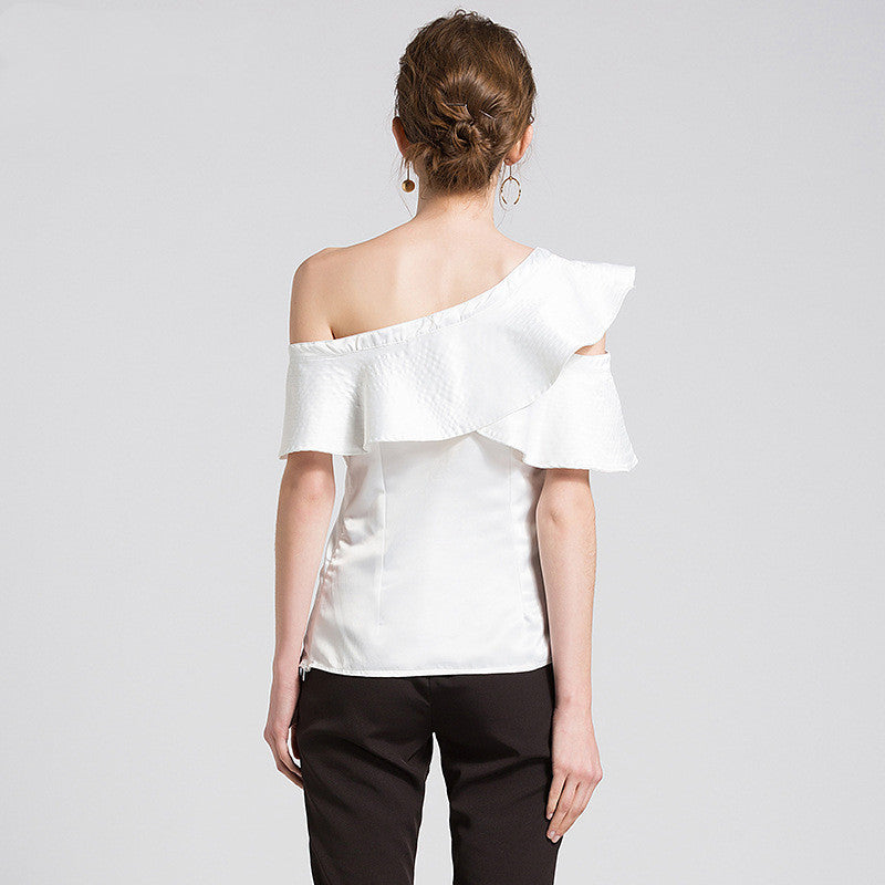 Women's ruffled shirt with diagonal collar