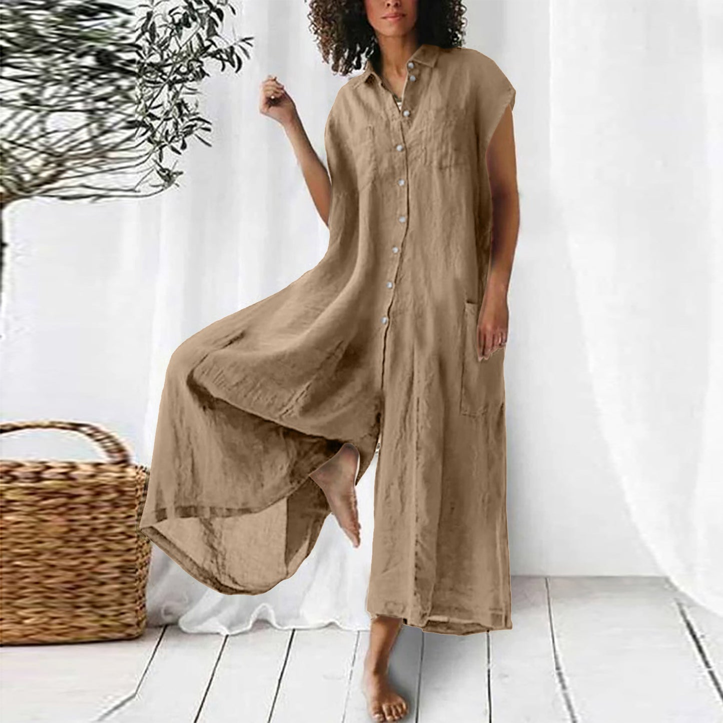 Women's Solid Color Casual Long-sleeved Mid-length Jumpsuit