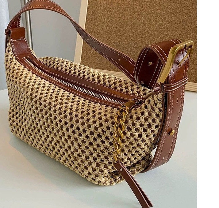 Sac en paille pour femme, sac tissé en raphia et cuir de vachette, première couche, été