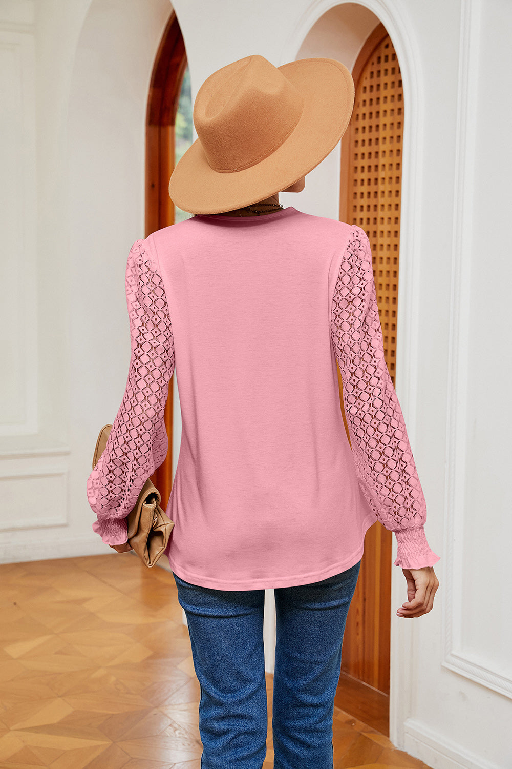 Contrast V-Neck Long Sleeve Blouse