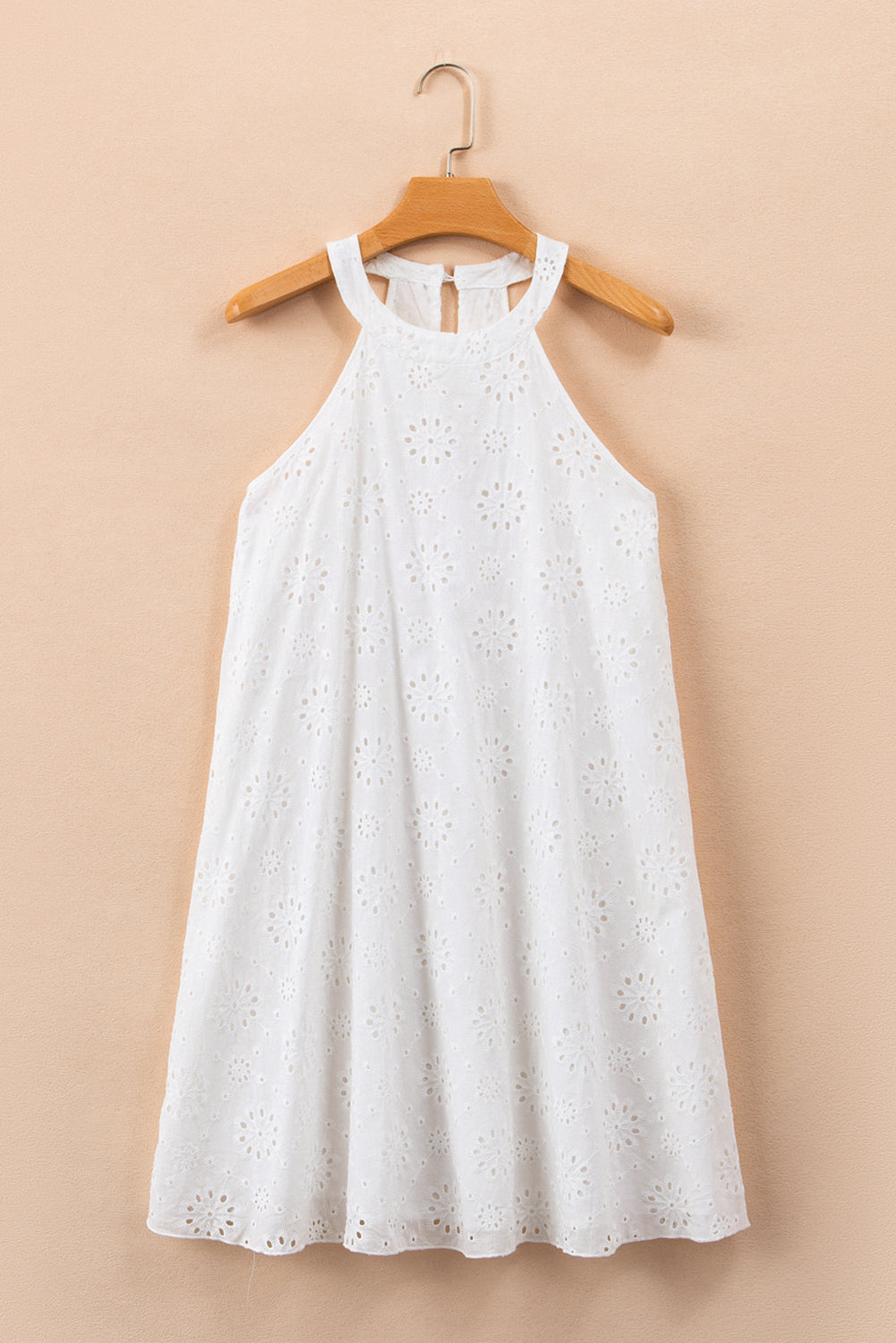 White Boho Eyelet Pattern Halter Neck Sleeveless Dress