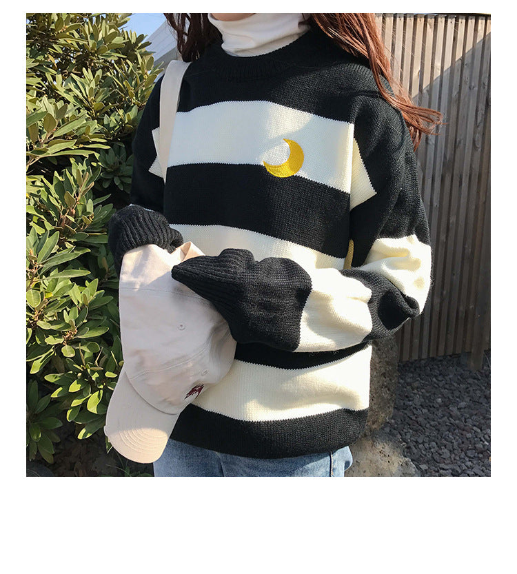 Color matching girl student wide striped knit