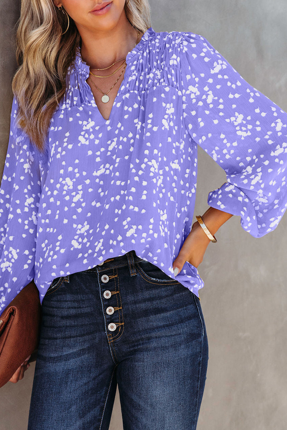 Blusa fruncida con cuello con muescas y estampado de Double Take