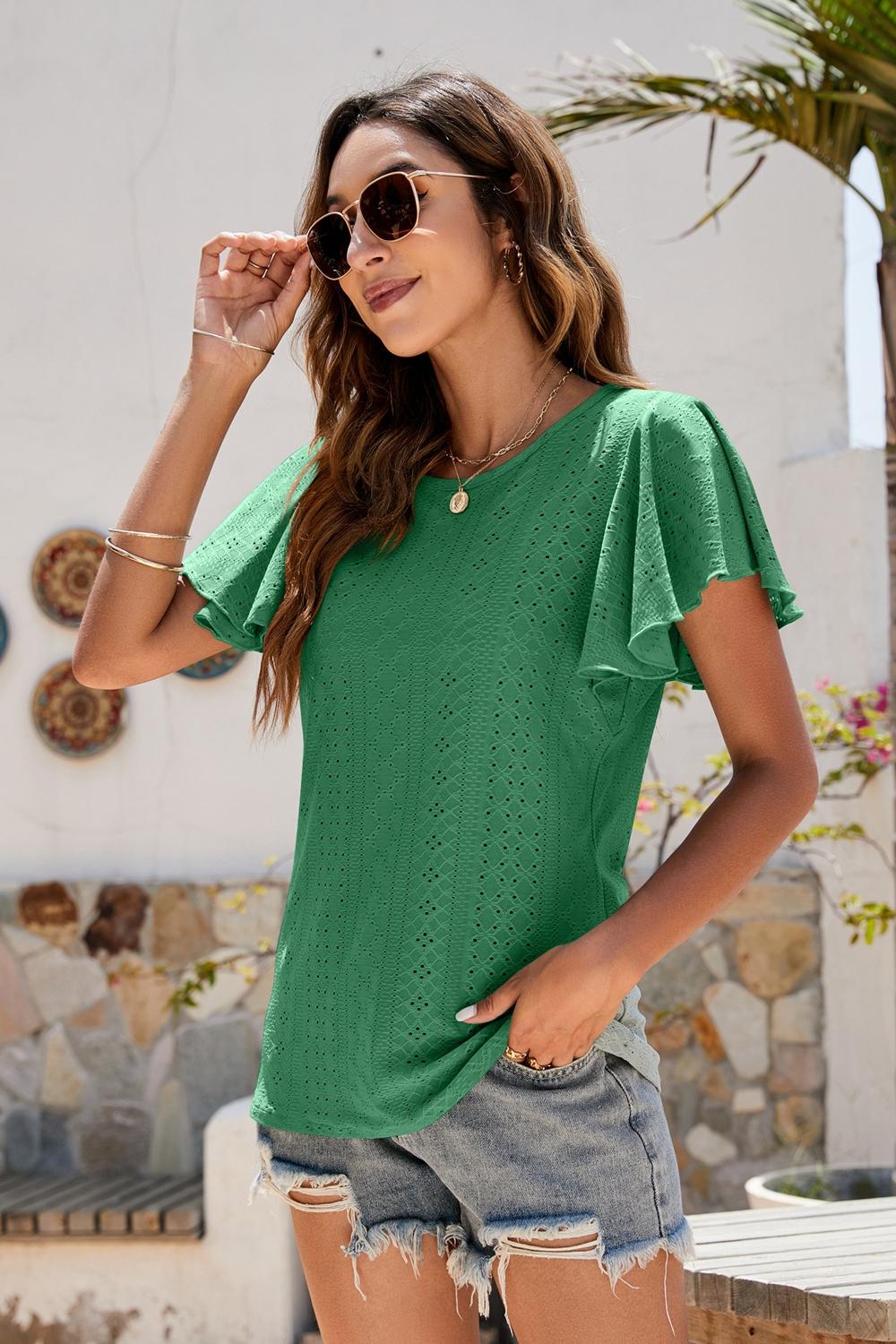 Eyelet Flutter Sleeve Short Sleeve Top