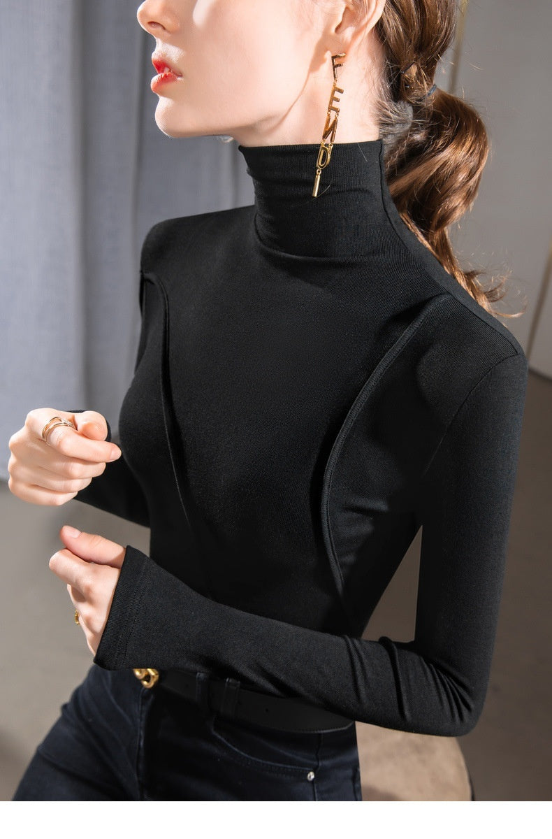 Women's Design Turtleneck Bottoming Shirt Slim Fit Irregular Western Style Inner Wear Stitching Long Sleeve