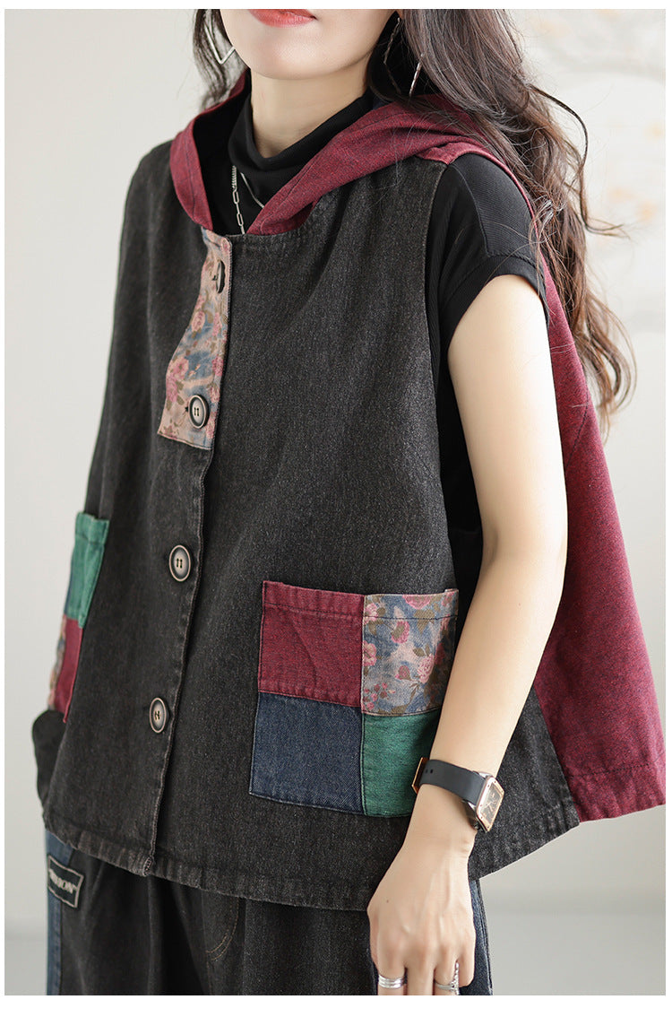 Women's Retro Loose Hooded Ethnic Style Stitching Patchwork Coat Vest