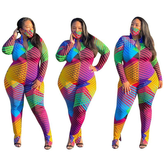 Women's Casual Geometric Printing Long Sleeve Zipper Jumpsuit