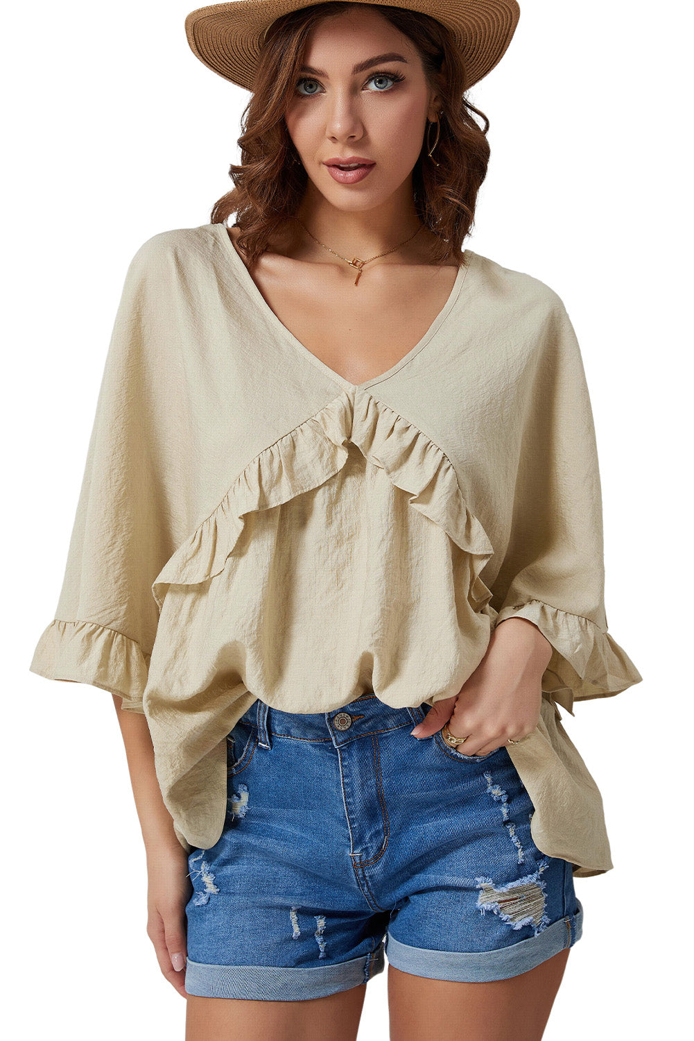 Blusa de media manga con cuello en V y volantes de Double Take