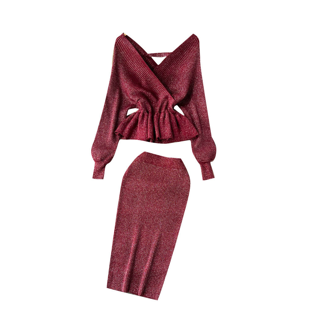 Women's V-neck Flounce Short Sweater Skirt Two-piece Set