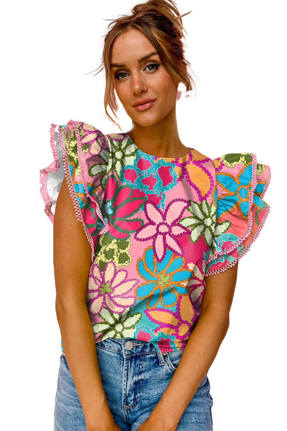 Blusa con mangas con volantes y estampado floral vibrante multicolor