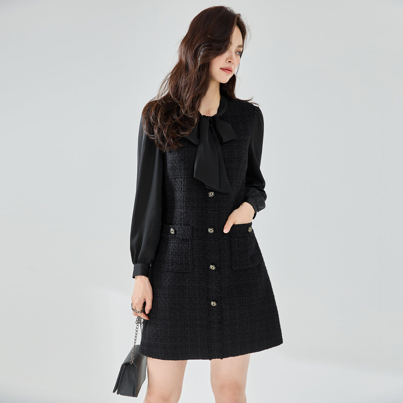 Tweed Long Sleeve Black Waist Dress