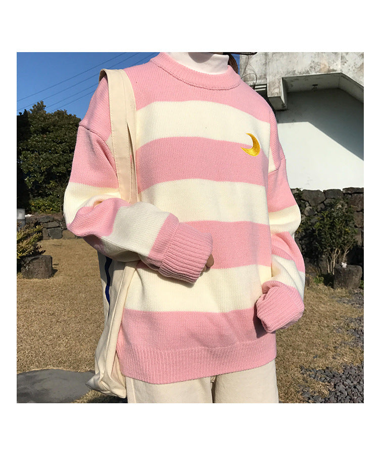 Color matching girl student wide striped knit