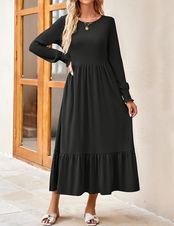 Women's Smocking Long Sleeve Round Neck Mid-length Dress