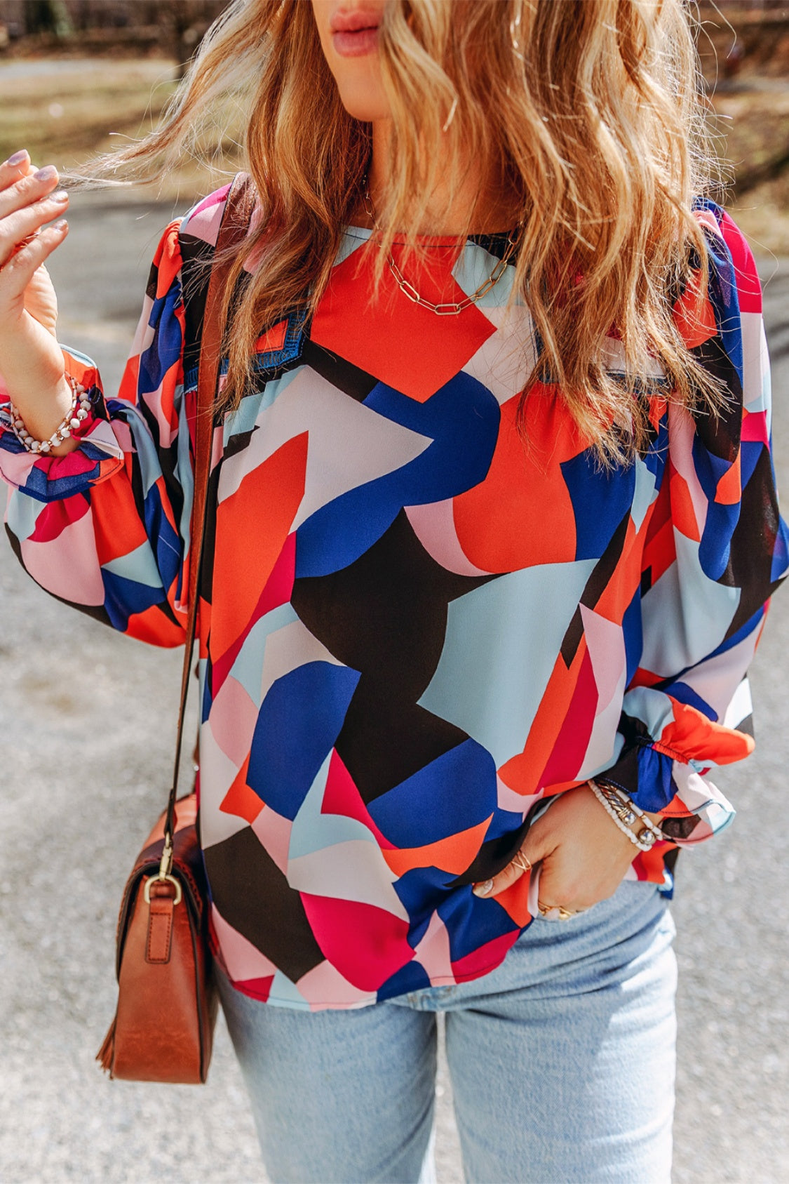 Abstract Pattern Crewneck Ruffled Puff Sleeve Blouse