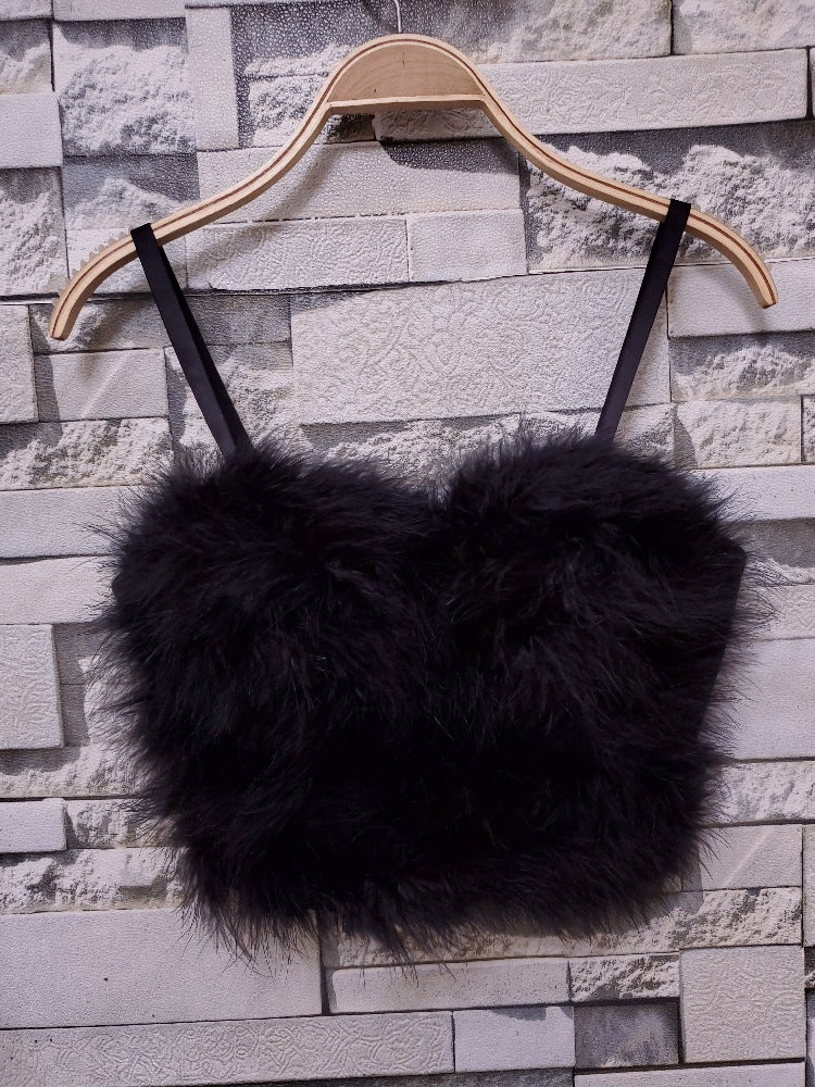 With Solid Color Stitching Fur Sling Feather Tube Top Vest