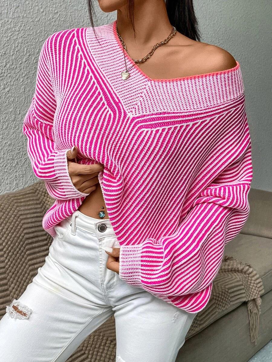 V-neck Loose Slimming Stripes Contrast Color Pullover Knitwear Top