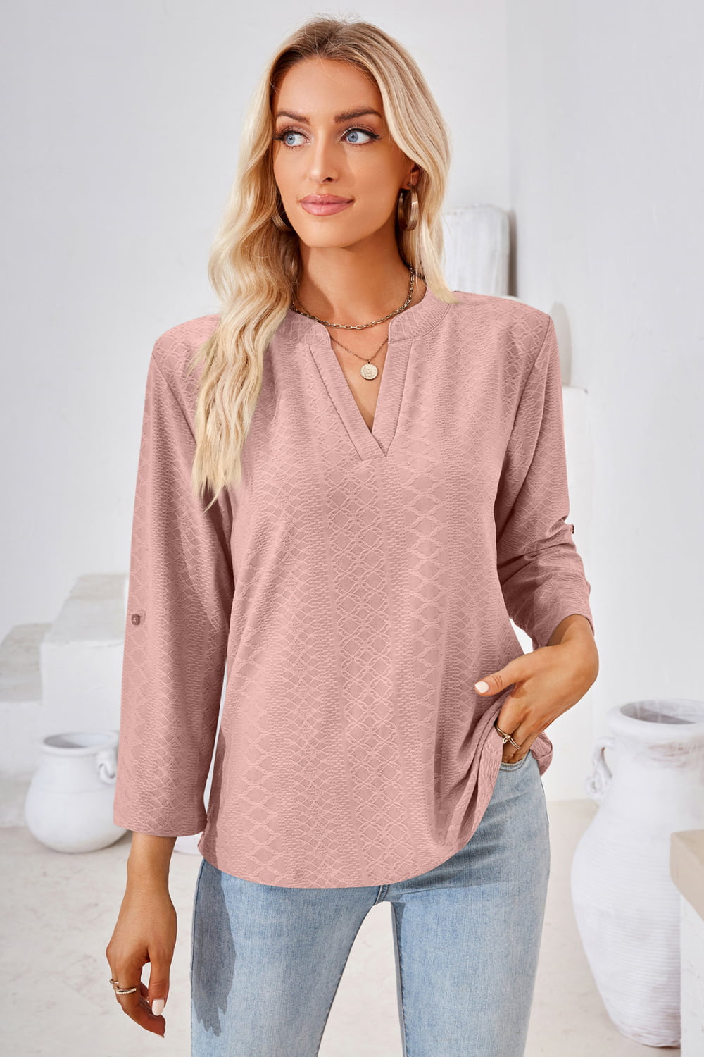 V-Neck Roll-Tap Sleeve Blouse