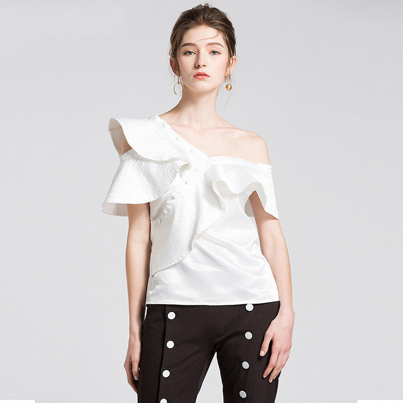 Women's ruffled shirt with diagonal collar