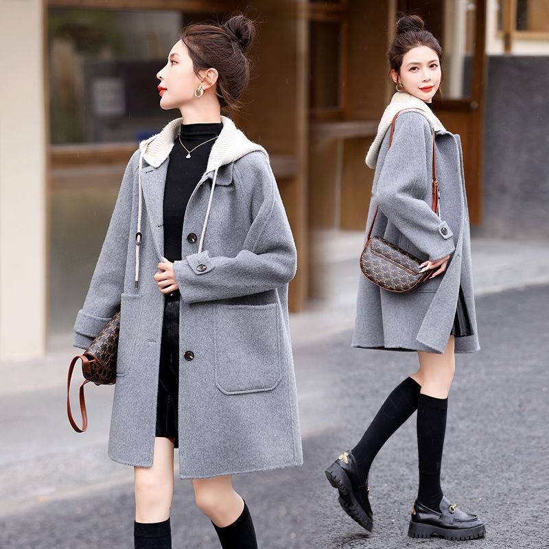 Women's Knitted Hooded Temperament Woolen Coat