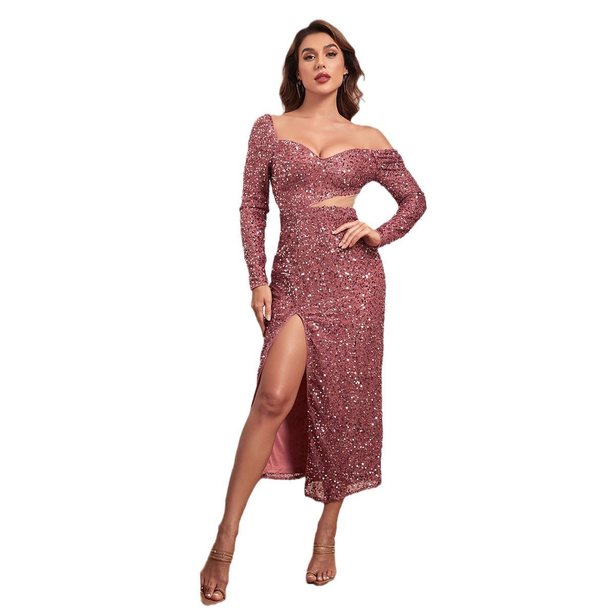 Woman Square-neck Slim-fit Sequined Evening Gown Dress