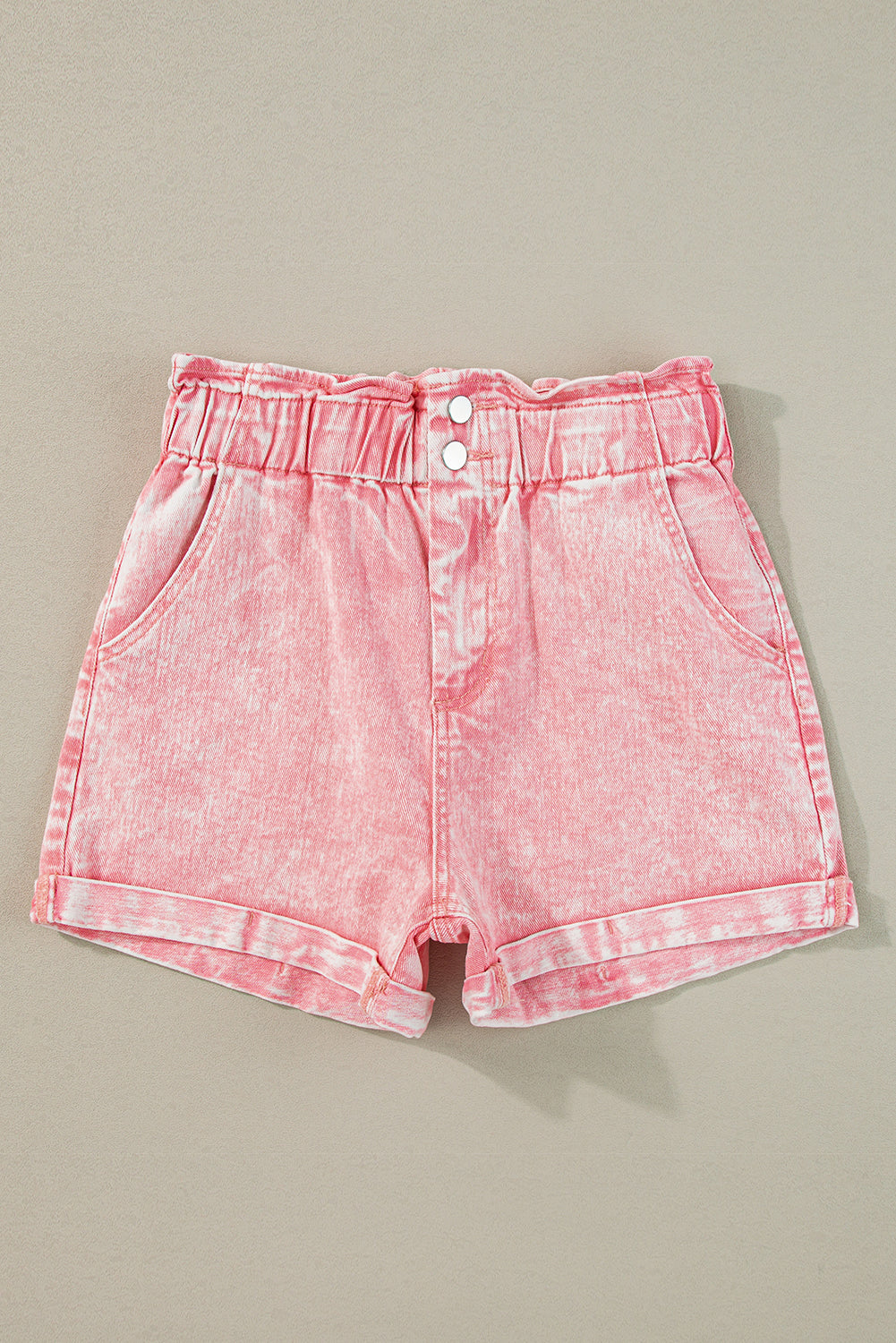 Short en jean taille haute à volants délavé vintage rose poussiéreux