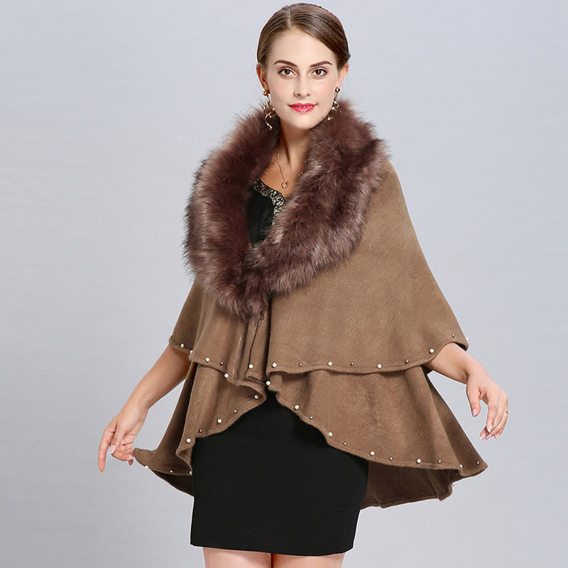 Women's Fashion Fur Collar Beaded Double Layer Inverness