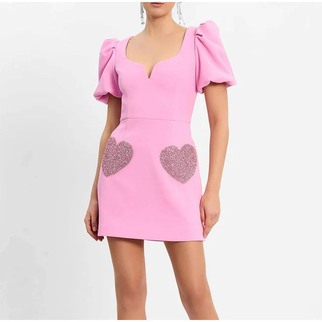 Vêtements pour femmes à paillettes rose doux à col en V et manches bouffantes