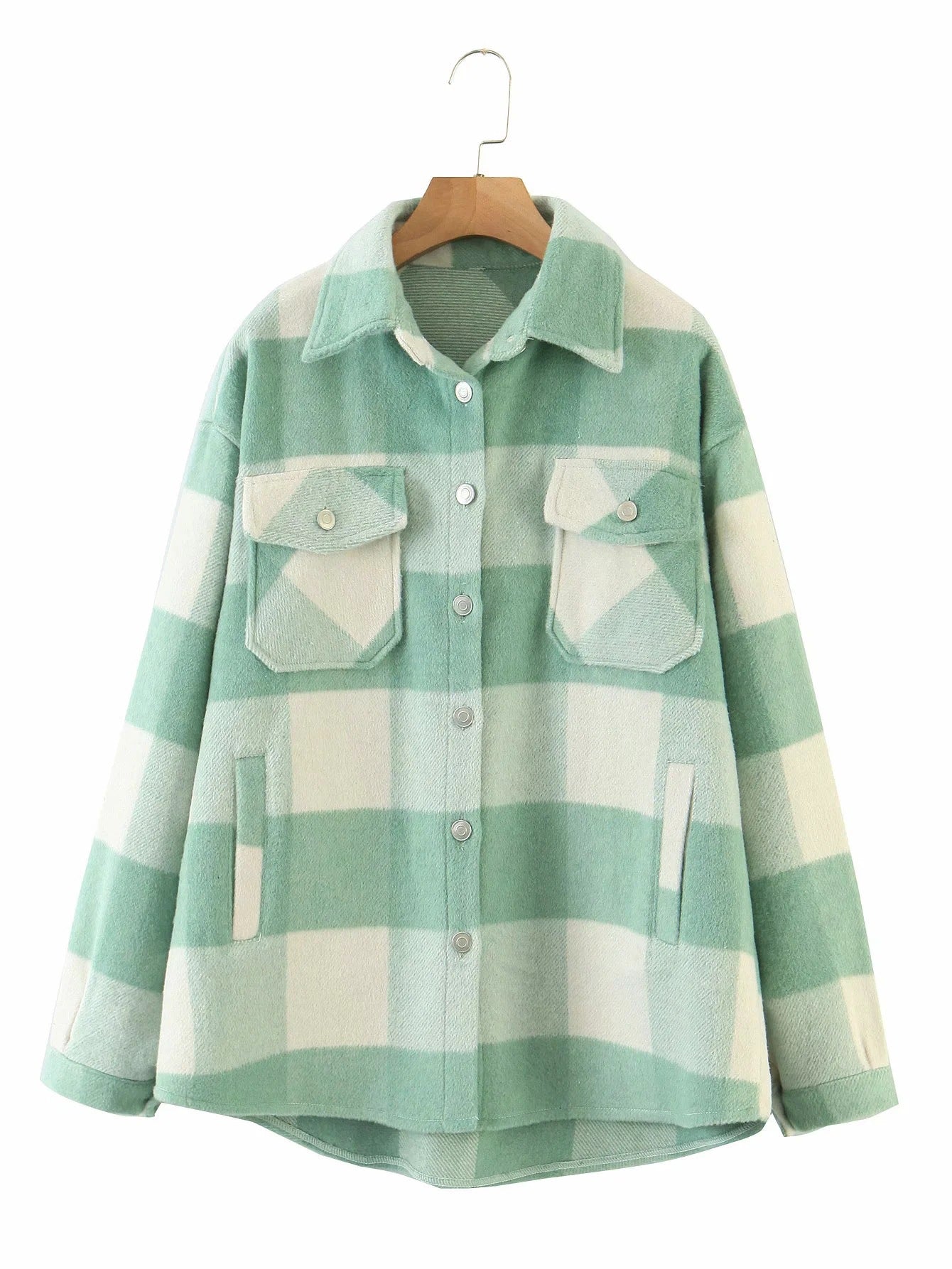 Casual Plaid Shirt Women Tweed Coat Buttons Pockets Female Jacket