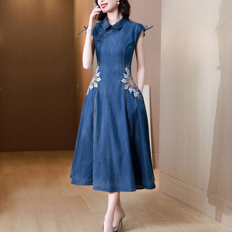 Robe en Denim pour femmes, nouvelle Version modifiée Cheongsam, broderie Machine, rétro, été 2024