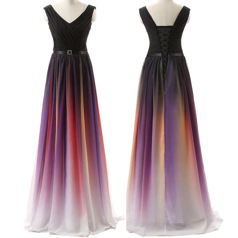 Women's Two-shoulder Lace-up Colorful Chiffon Evening Dress