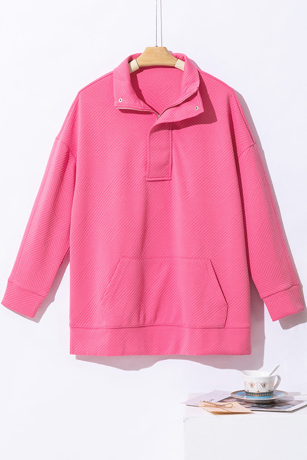 Bright Pink Textured Zipped Neckline Kangaroo Pocket Sweatshirt