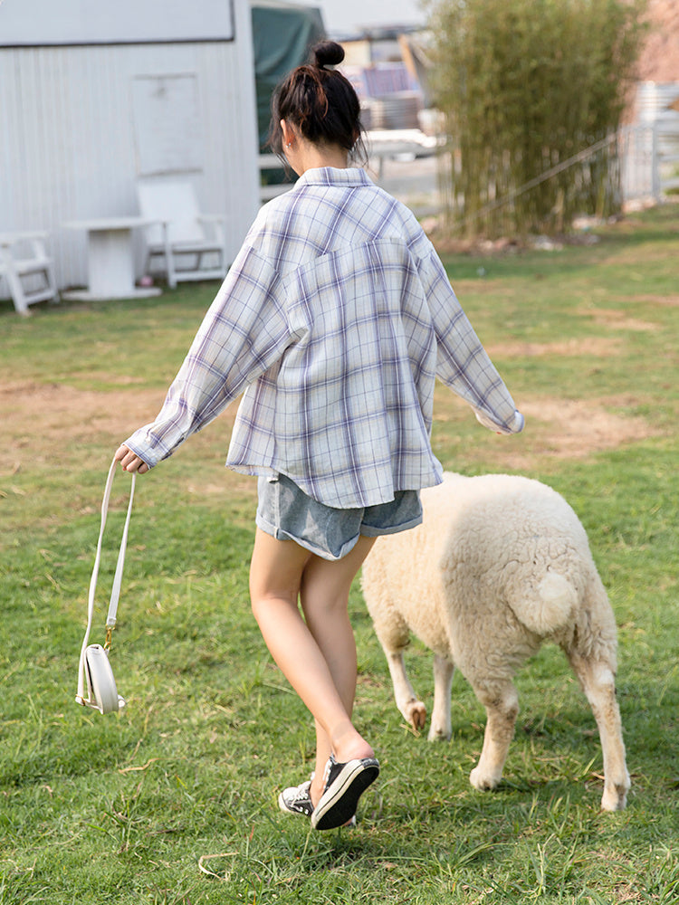 Women's Layered Loose Purple Plaid Shirt