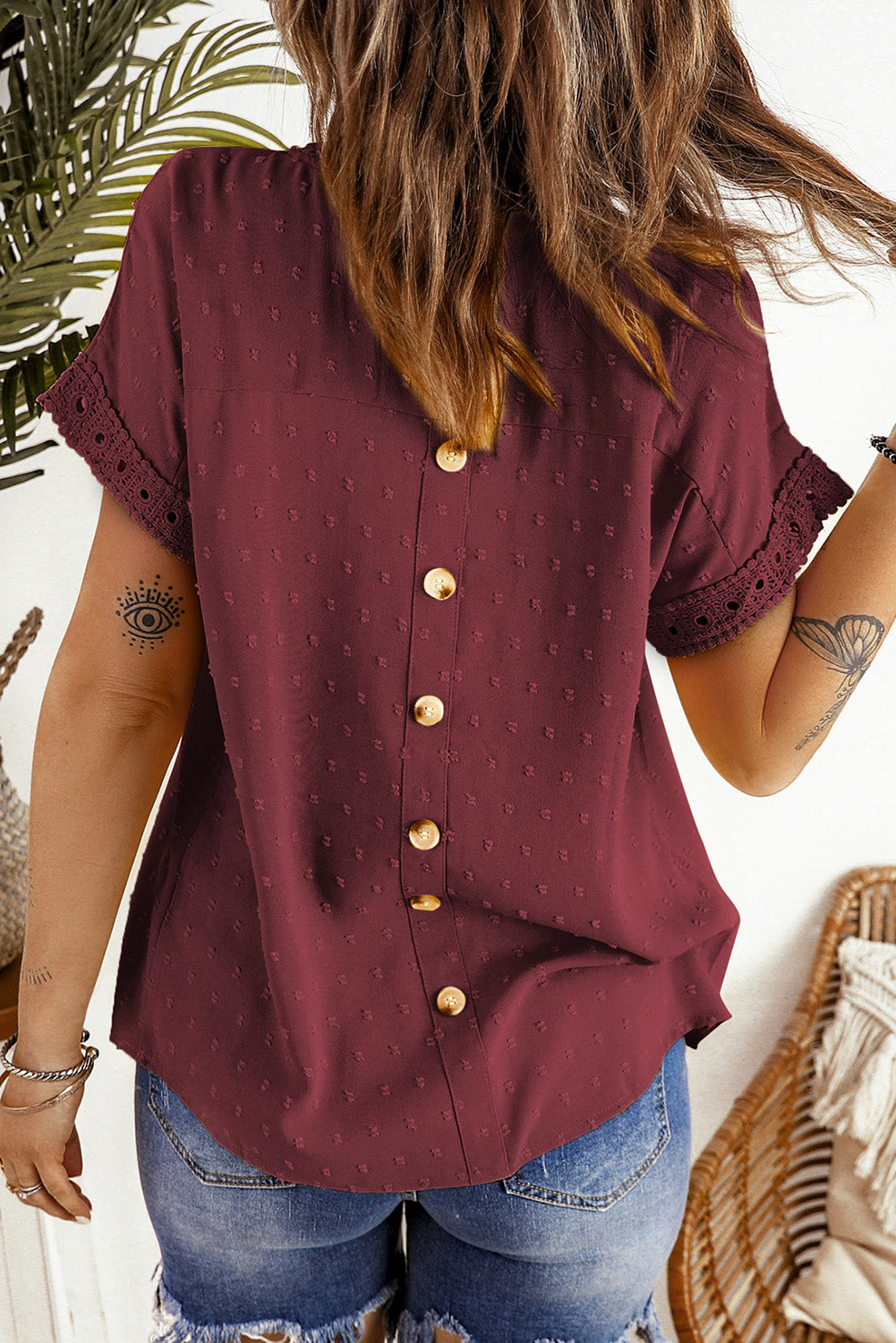 Swiss Dot Decorative Button Short Sleeve Blouse