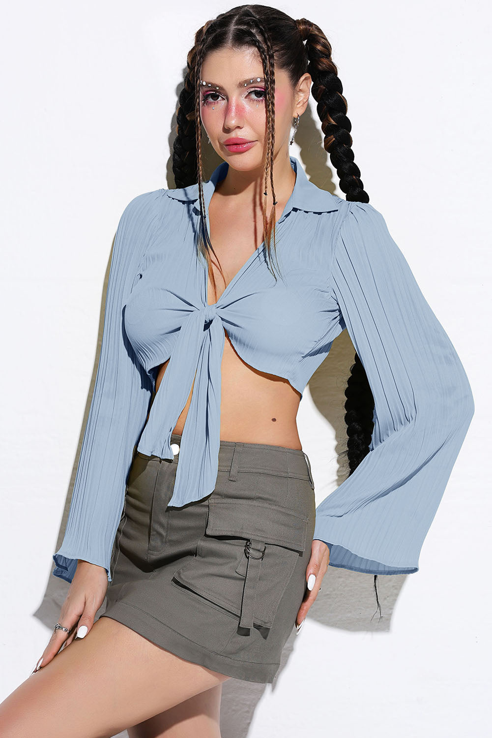 Tie Front Johnny Collar Flare Sleeve Cropped Top