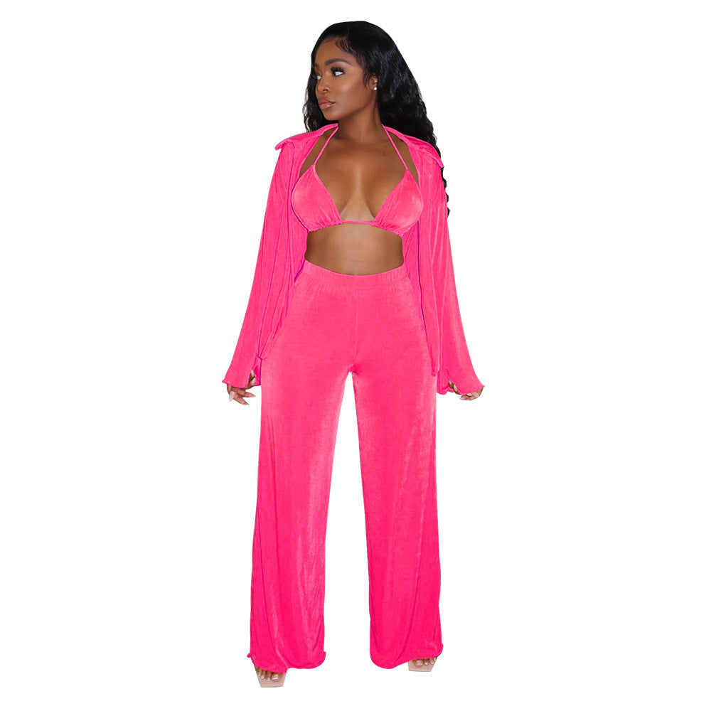 Women's Fashion Casual Long Sleeve Bikini Wide Leg Pants Suit