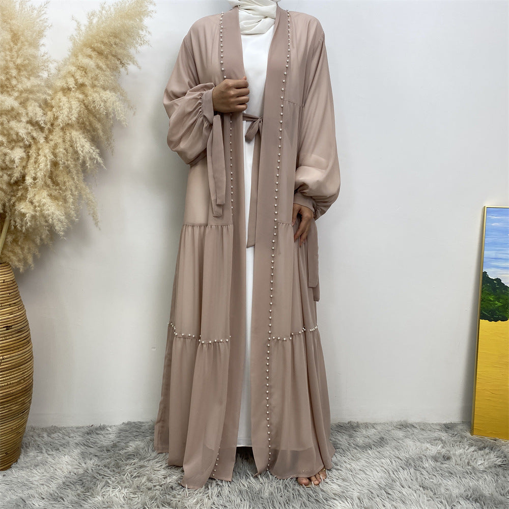 Robe cardigan en mousseline de soie à laçage musulman élégant et perlé de couleur unie