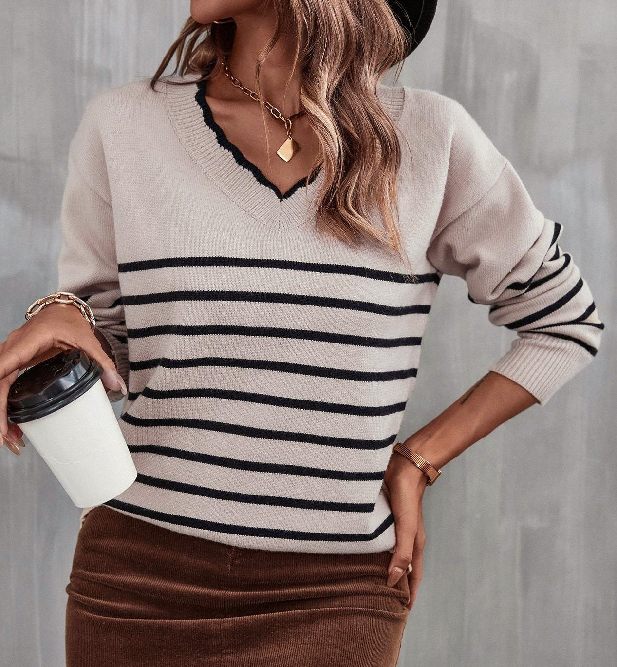 Autumn And Winter New V-neck Striped Sweater Sweater For Women