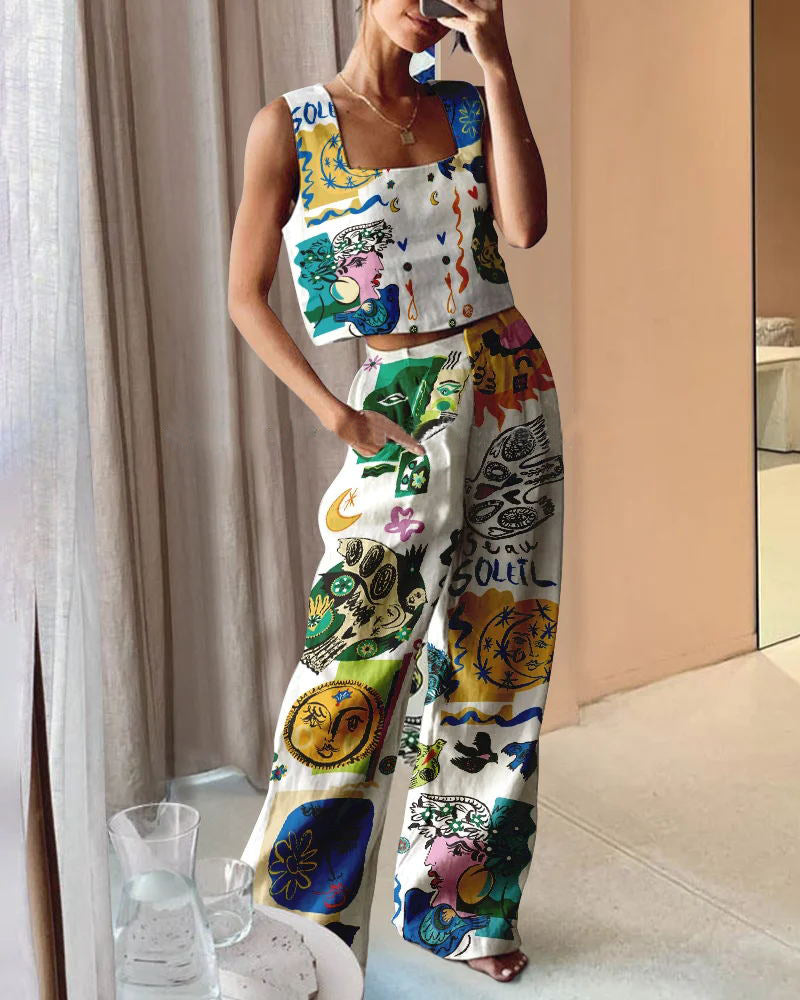 Women's Wide Printed Wide-leg Pants Vest Suit