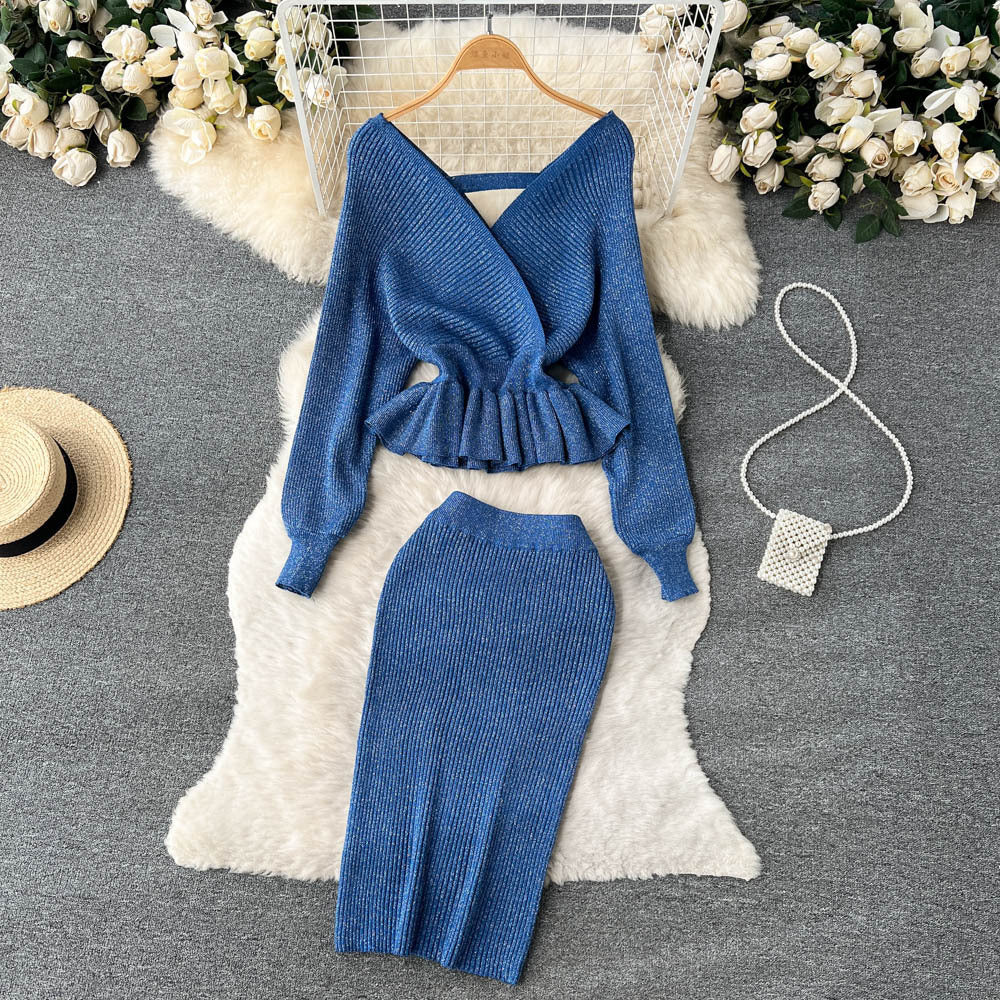 Women's V-neck Flounce Short Sweater Skirt Two-piece Set