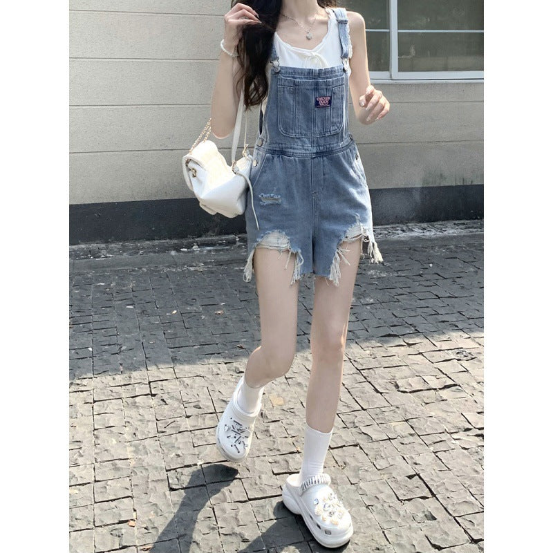 Women's All-match Denim Overalls Shorts Washed Ripped Wide Leg