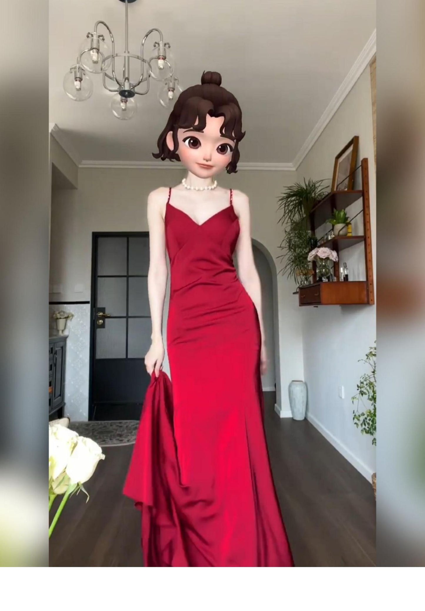 Robe rouge à bretelles, col en V, robe de soirée de mariage