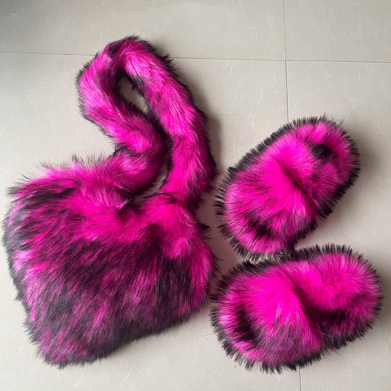 Crossbody Love Slippers Suit Raccoon Fur Fur Plush Shell Bag Home Shoes Bag Suit