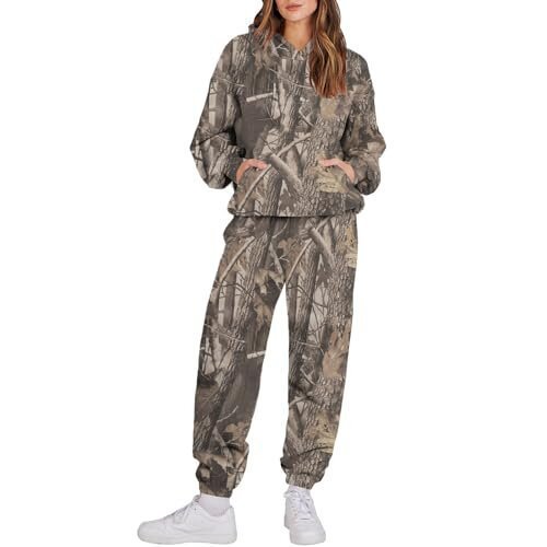 Women's 3 Camouflage Leaves Sports Hooded Long Sleeve Sweatshirt And Sweatpants Sets